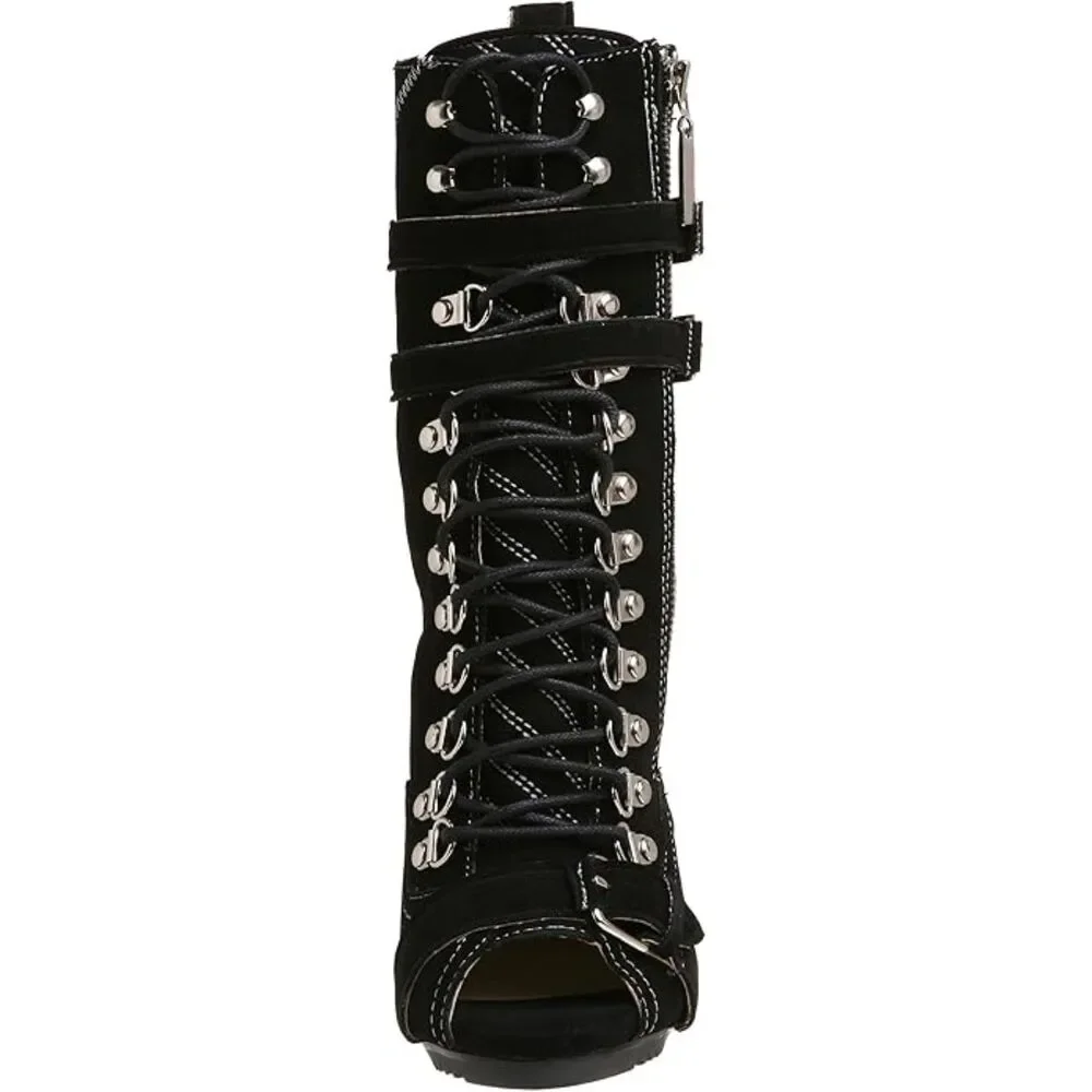 Steve Madden Bombb Black Nubuck Lace-Up Peep Toe Booties Size 7.5 NIB Rare